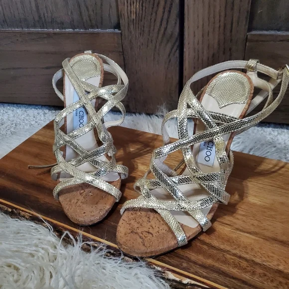 Jimmy Choo Gold Strappy Heels - Picture 1 of 5